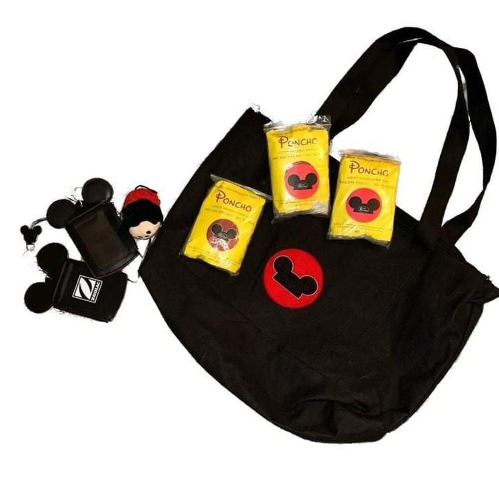 Disney Mickey Mouse Black Tote Bag Bundle with Rain Ponchos and ID Holders